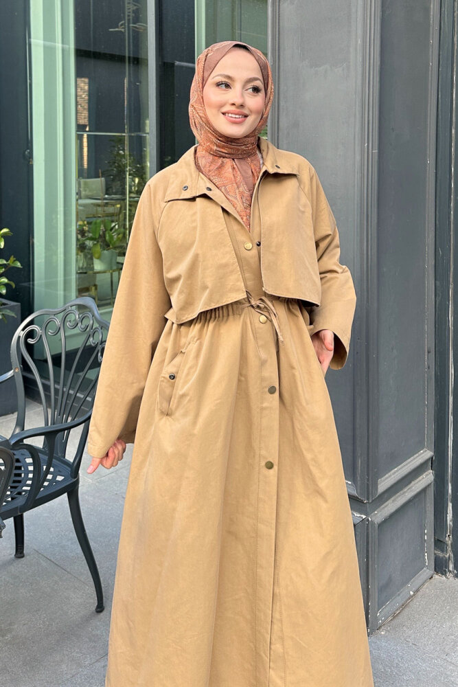 Lyon Beli Büzgülü Tam Boy Trençkot - Camel - 7