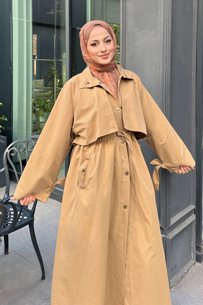 Lyon Beli Büzgülü Tam Boy Trençkot - Camel - 3