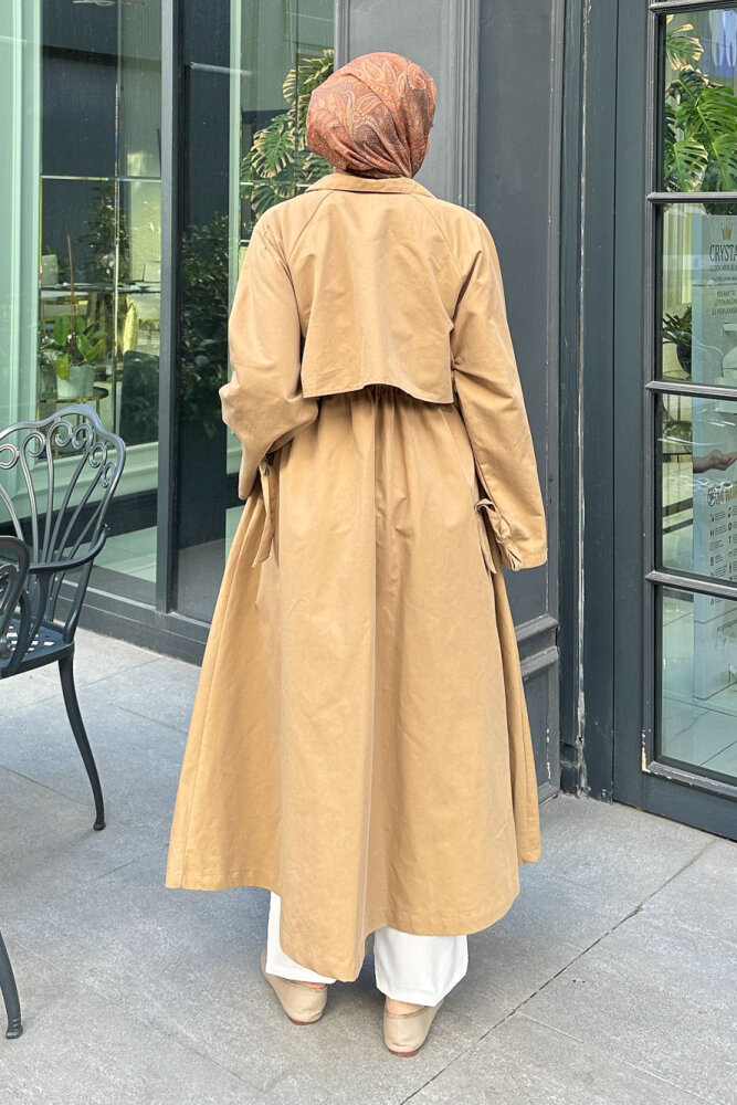 Lyon Beli Büzgülü Tam Boy Trençkot - Camel - 8