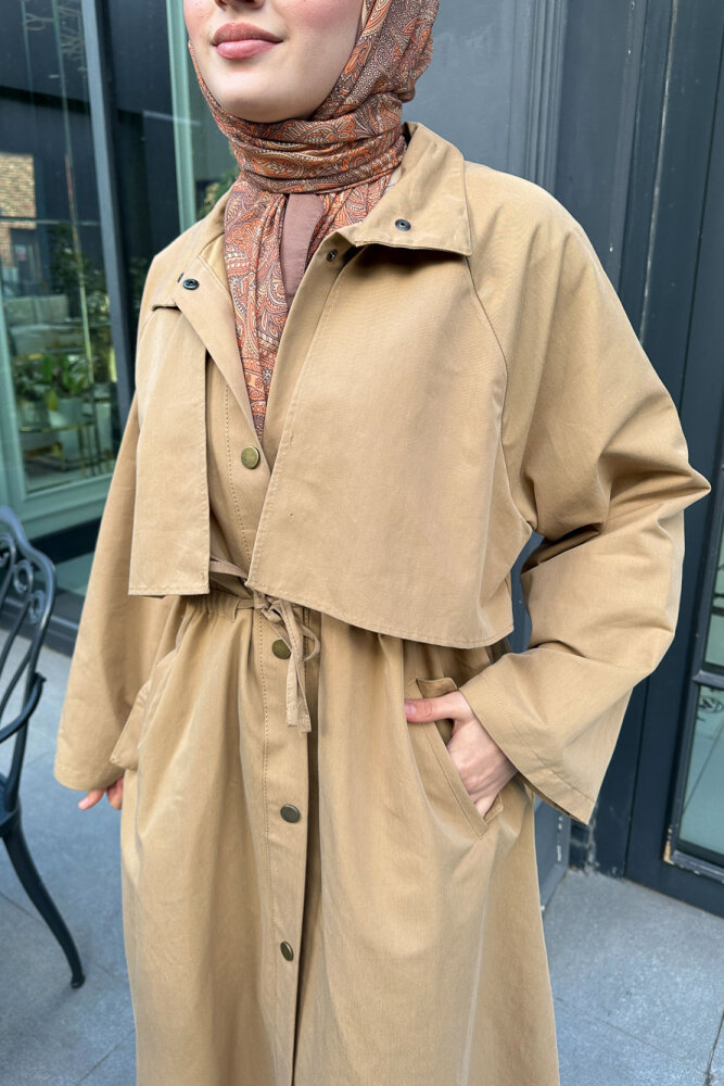 Lyon Beli Büzgülü Tam Boy Trençkot - Camel - 5