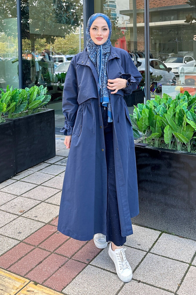 Lyon Beli Büzgülü Tam Boy Trençkot - Lacivert - ALLMİSS (2)