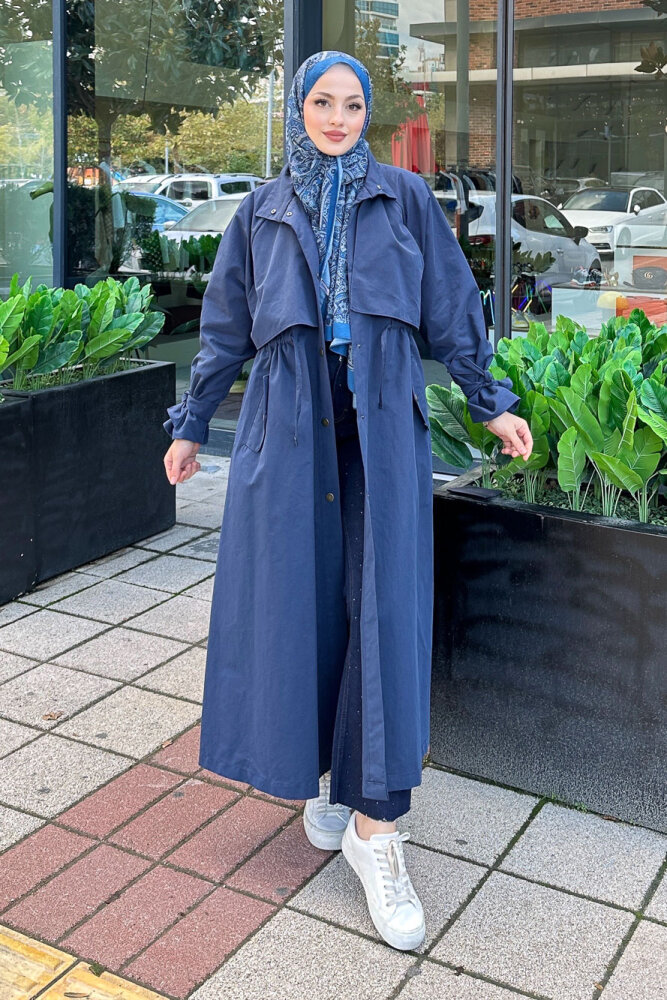 Lyon Beli Büzgülü Tam Boy Trençkot - Lacivert - 6
