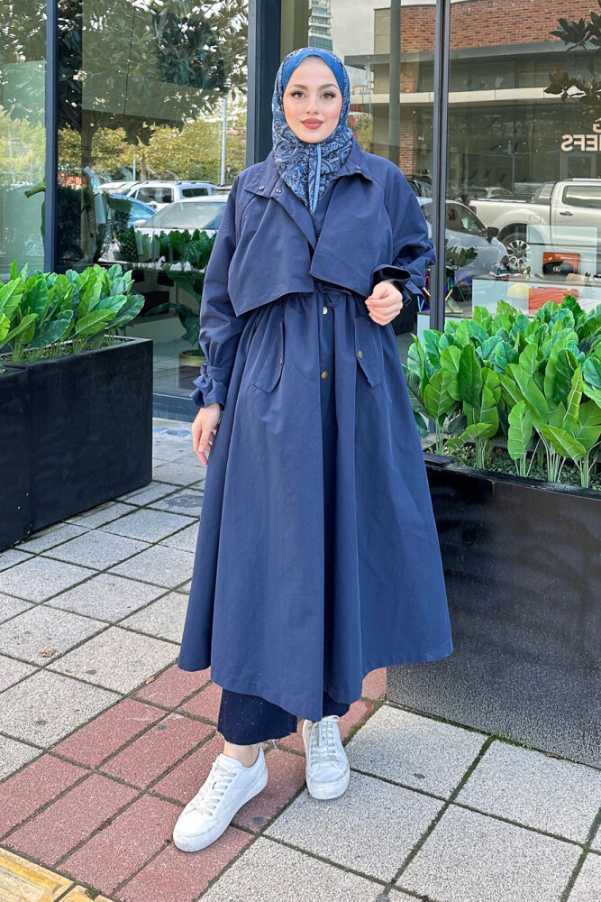 Lyon Beli Büzgülü Tam Boy Trençkot - Lacivert - ALLMİSS (3)