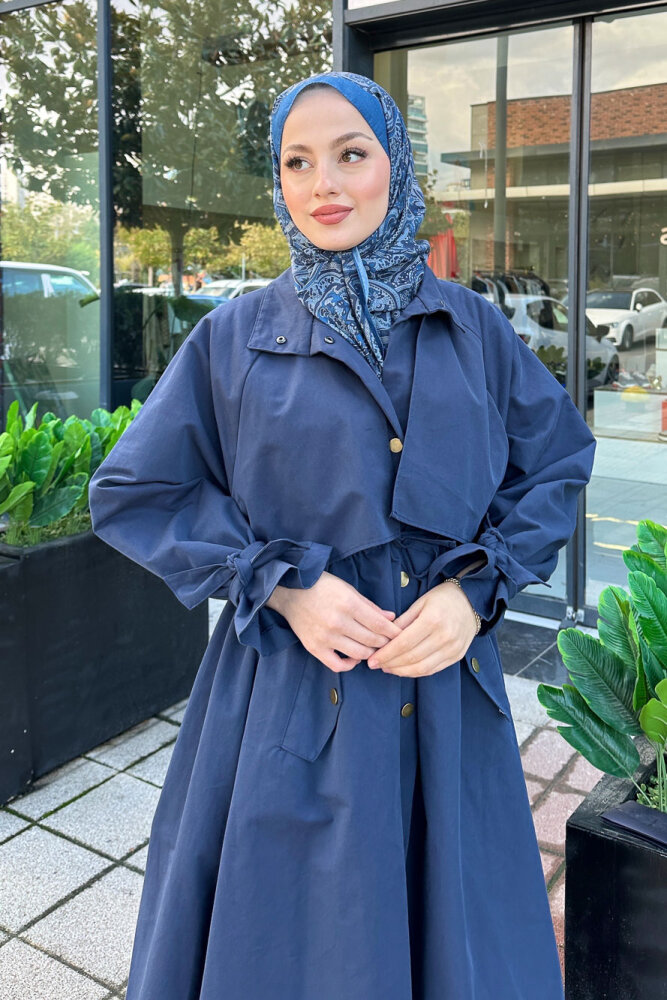 Lyon Beli Büzgülü Tam Boy Trençkot - Lacivert - ALLMİSS (1)