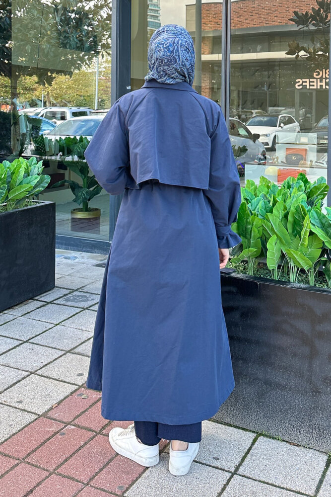 Lyon Beli Büzgülü Tam Boy Trençkot - Lacivert - 8