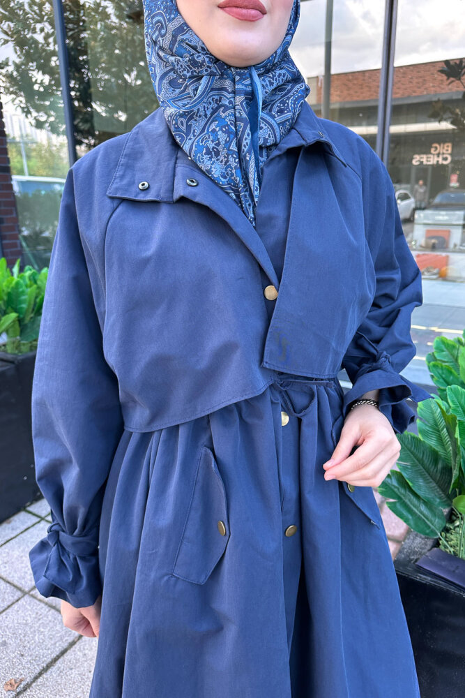 Lyon Beli Büzgülü Tam Boy Trençkot - Lacivert - ALLMİSS (4)