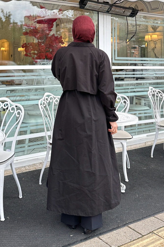Lyon Beli Büzgülü Tam Boy Trençkot - Siyah - 8