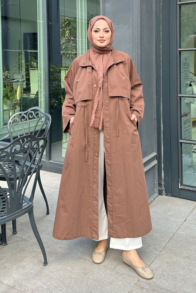 Lyon Beli Büzgülü Tam Boy Trençkot - Sütlü Kahve - ALLMİSS (1)