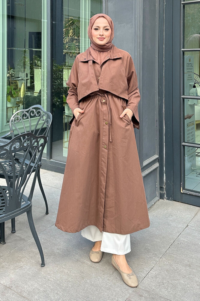 Lyon Beli Büzgülü Tam Boy Trençkot - Sütlü Kahve - ALLMİSS (2)