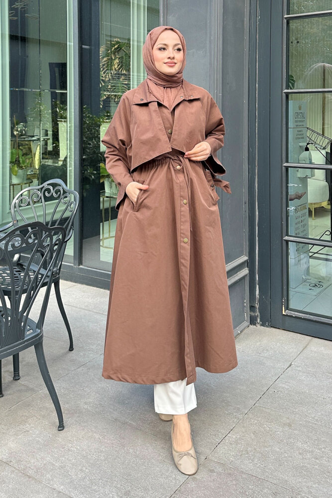 Lyon Beli Büzgülü Tam Boy Trençkot - Sütlü Kahve - ALLMİSS (5)