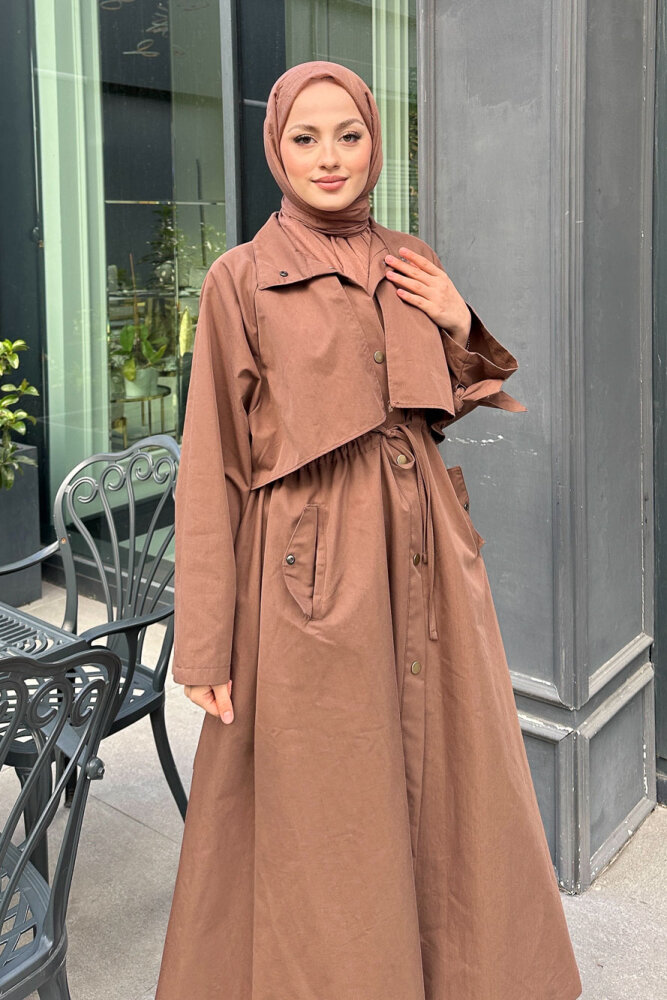 Lyon Beli Büzgülü Tam Boy Trençkot - Sütlü Kahve - ALLMİSS (3)