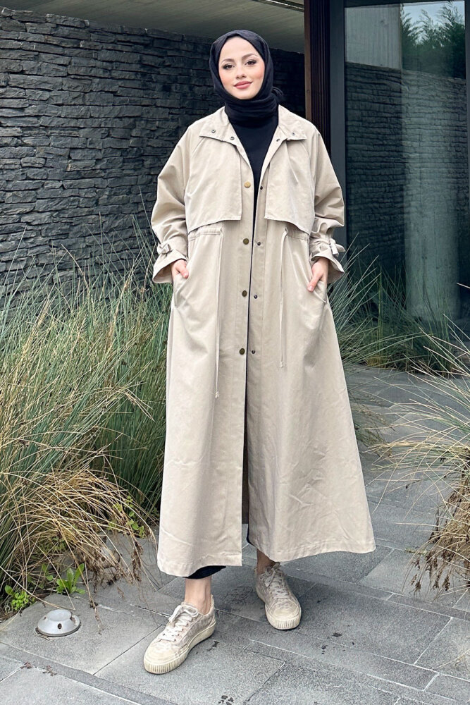 Lyon Beli Büzgülü Tam Boy Trençkot - Taş Rengi - ALLMİSS (1)