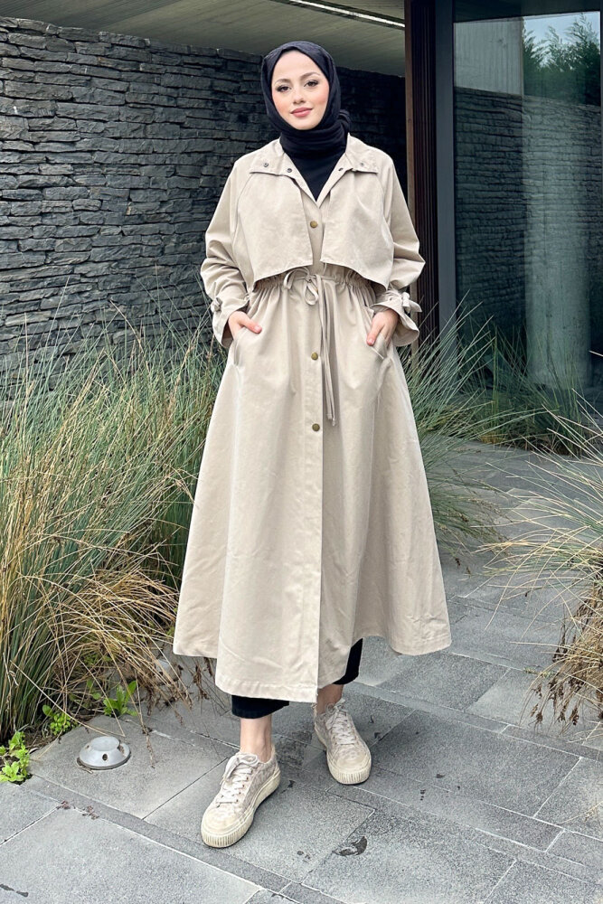 Lyon Beli Büzgülü Tam Boy Trençkot - Taş Rengi - ALLMİSS (3)