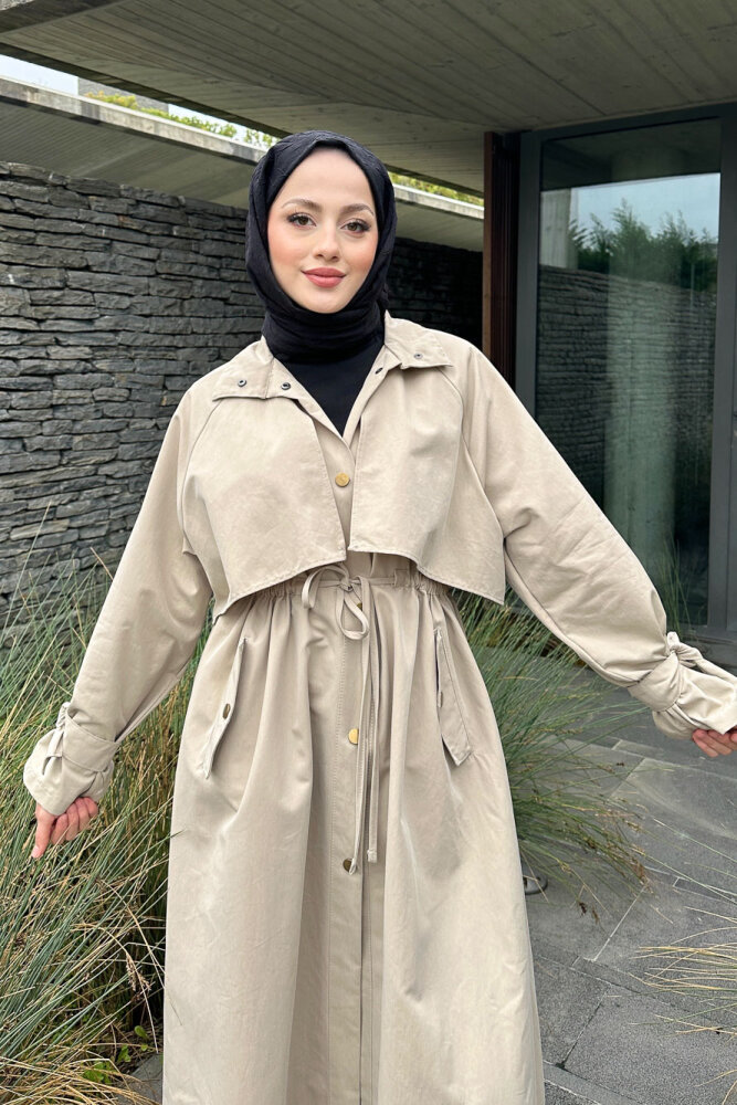 Lyon Beli Büzgülü Tam Boy Trençkot - Taş Rengi - ALLMİSS (5)