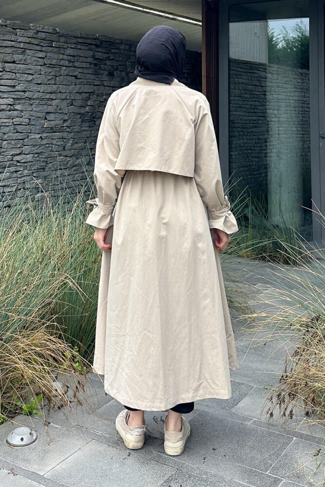 Lyon Beli Büzgülü Tam Boy Trençkot - Taş Rengi - ALLMİSS (2)