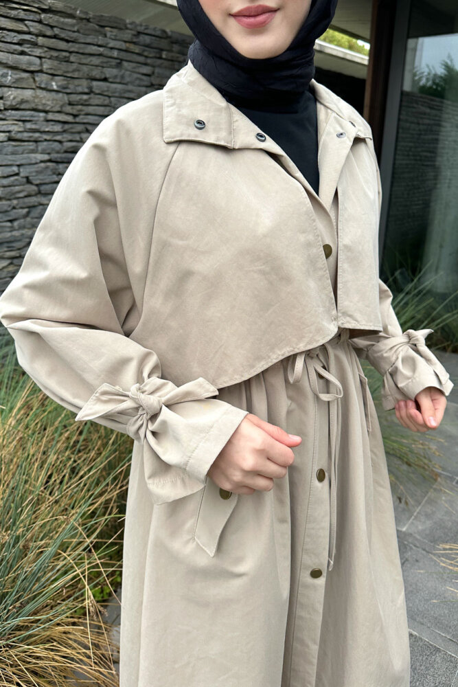 Lyon Beli Büzgülü Tam Boy Trençkot - Taş Rengi - ALLMİSS (4)