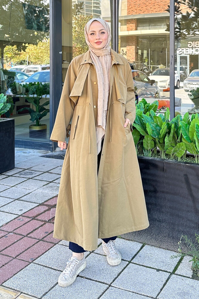 Lyon Beli Büzgülü Tam Boy Trençkot - Yağ Yeşili - ALLMİSS (0)