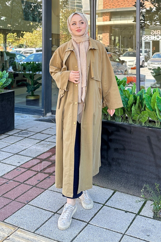 Lyon Beli Büzgülü Tam Boy Trençkot - Yağ Yeşili - 5