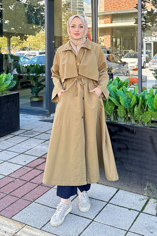 Lyon Beli Büzgülü Tam Boy Trençkot - Yağ Yeşili - 2