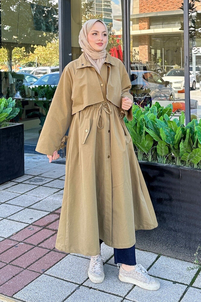 Lyon Beli Büzgülü Tam Boy Trençkot - Yağ Yeşili - ALLMİSS (3)