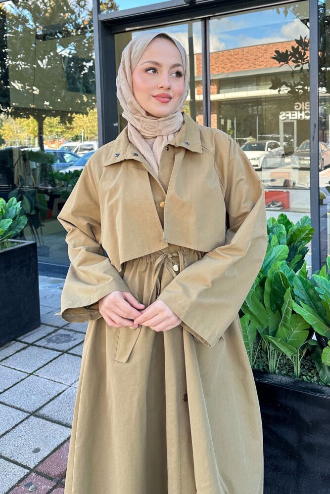 Lyon Beli Büzgülü Tam Boy Trençkot - Yağ Yeşili - 6