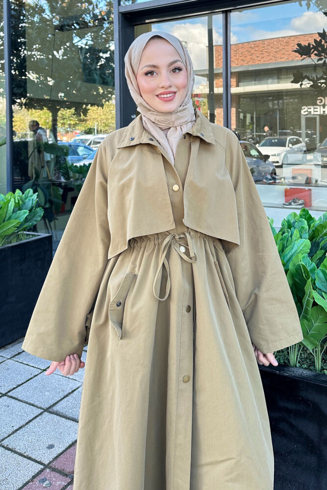 Lyon Beli Büzgülü Tam Boy Trençkot - Yağ Yeşili - 3