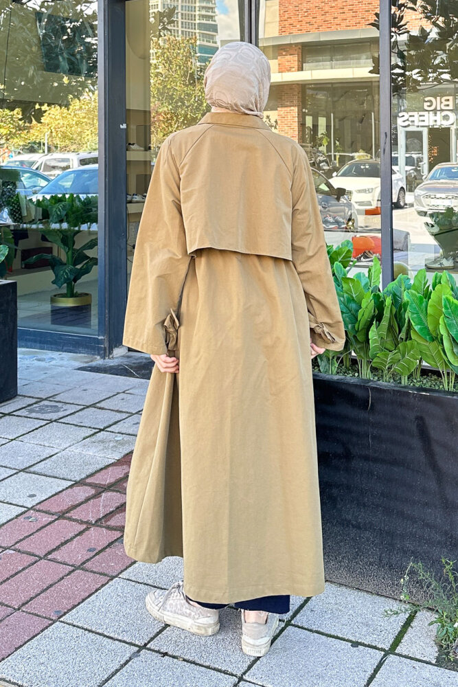 Lyon Beli Büzgülü Tam Boy Trençkot - Yağ Yeşili - 7