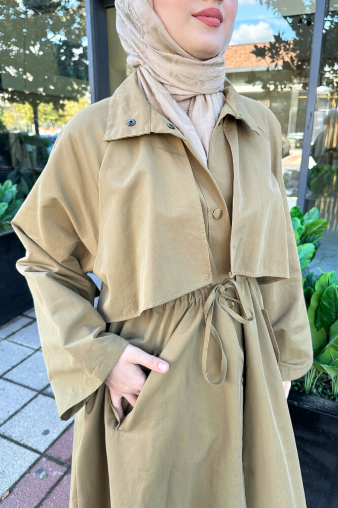 Lyon Beli Büzgülü Tam Boy Trençkot - Yağ Yeşili - 8