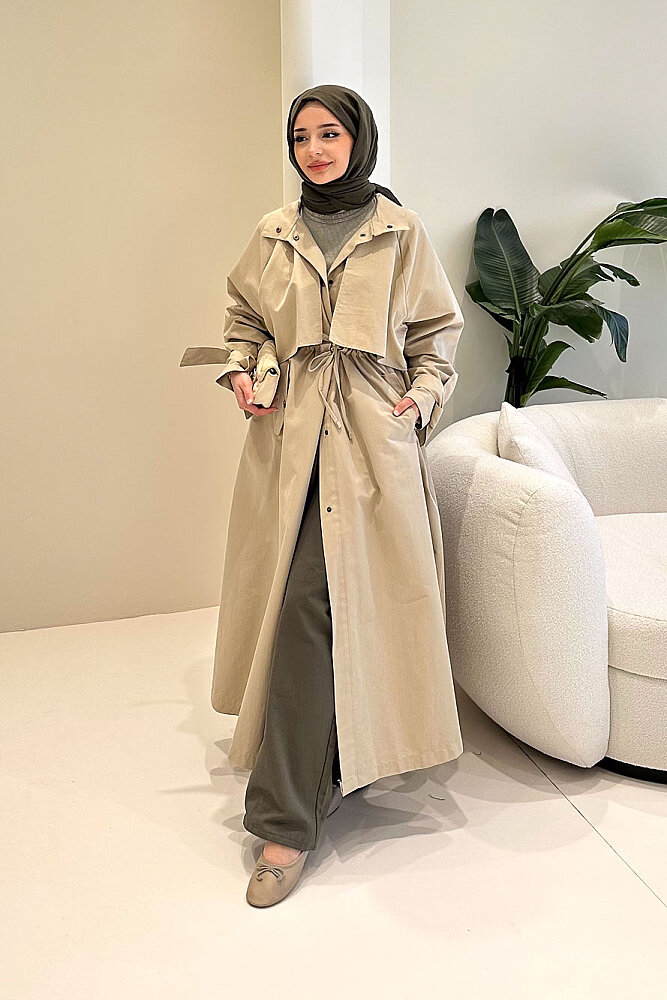 Lyon Beli Büzgülü Trençkot - Bej - 3