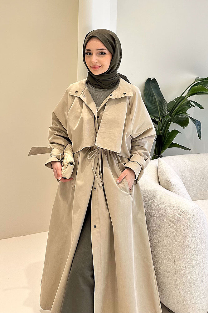 Lyon Beli Büzgülü Trençkot - Bej - ALLMİSS (1)