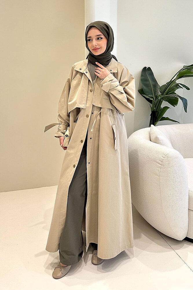Lyon Beli Büzgülü Trençkot - Bej - 1