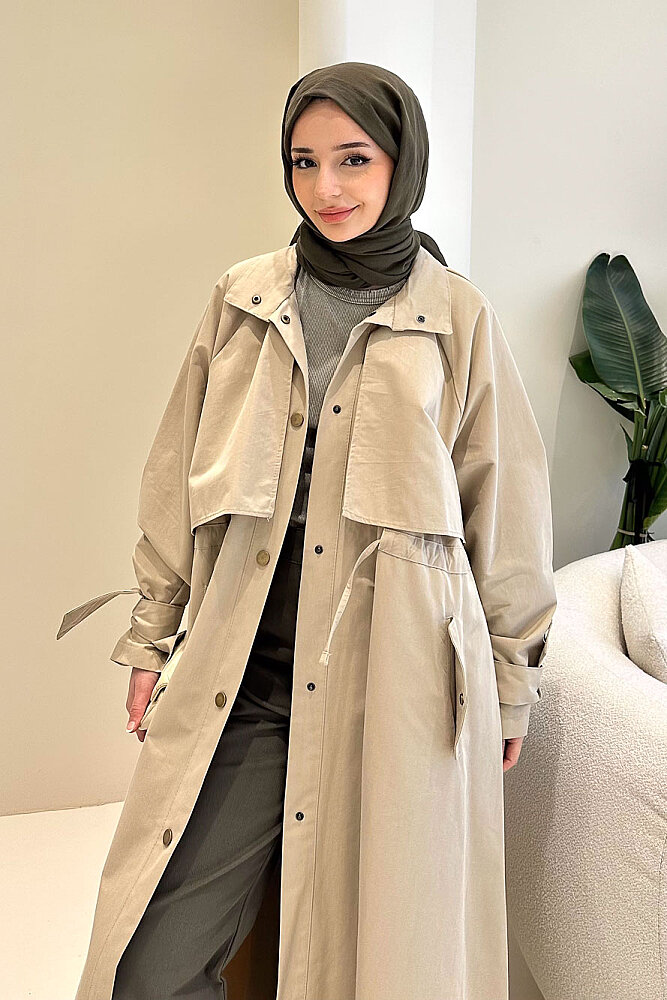 Lyon Beli Büzgülü Trençkot - Bej - 4