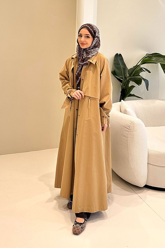 Lyon Beli Büzgülü Trençkot - Camel - 3