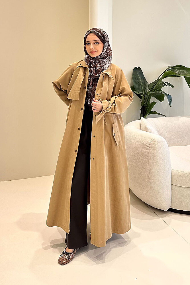 Lyon Beli Büzgülü Trençkot - Camel - 4