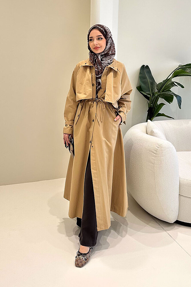 Lyon Beli Büzgülü Trençkot - Camel - 6