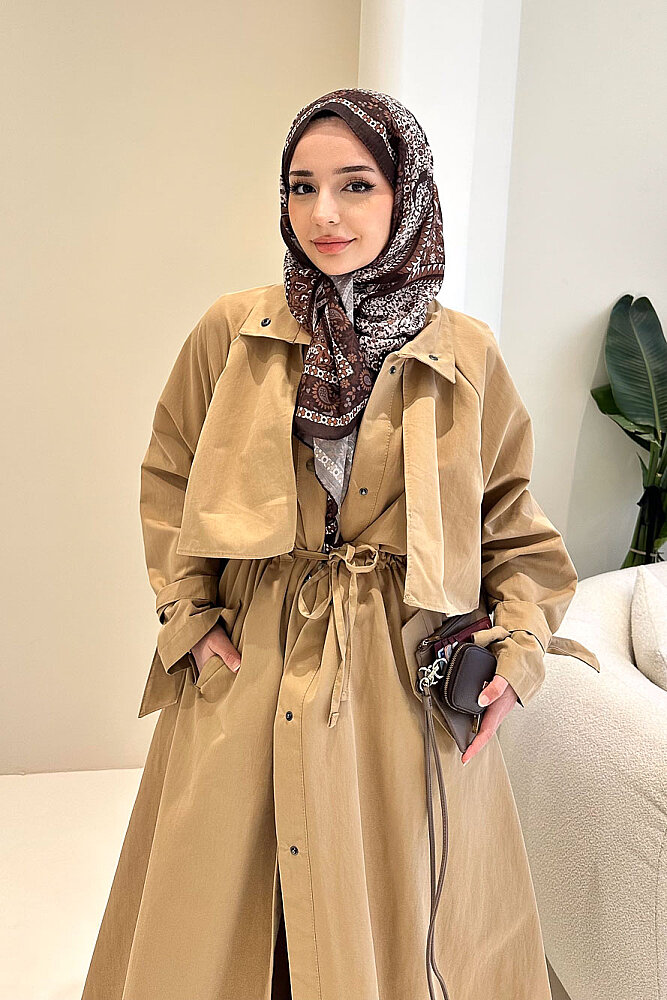 Lyon Beli Büzgülü Trençkot - Camel - 7