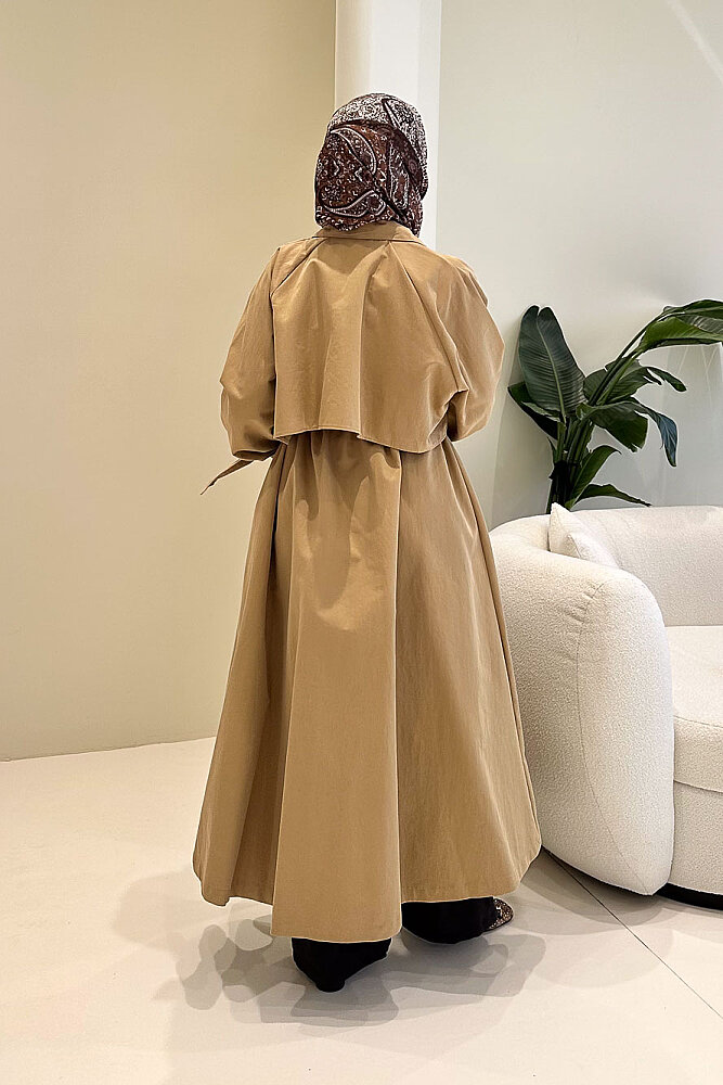 Lyon Beli Büzgülü Trençkot - Camel - 8