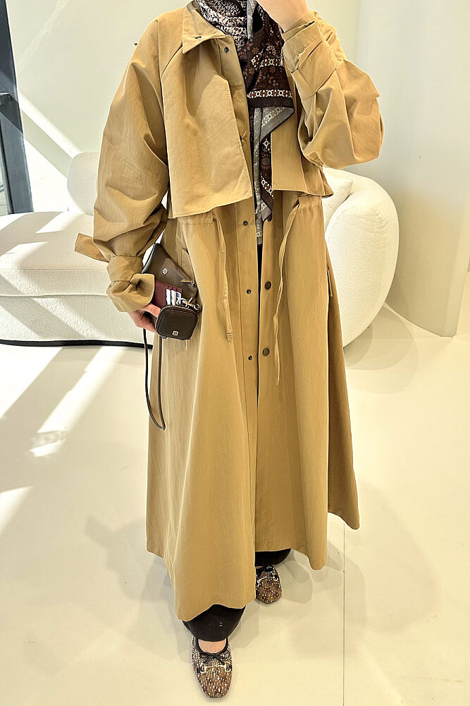 Lyon Beli Büzgülü Trençkot - Camel - 2