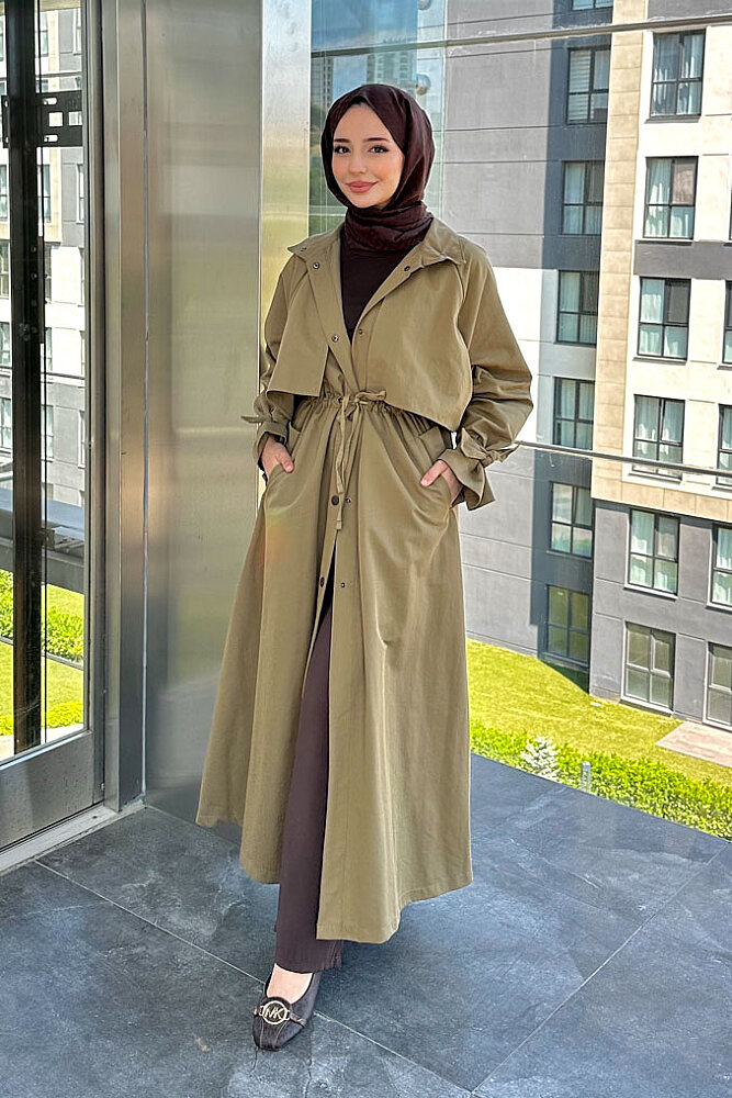 Lyon Beli Büzgülü Trençkot - Haki - 1