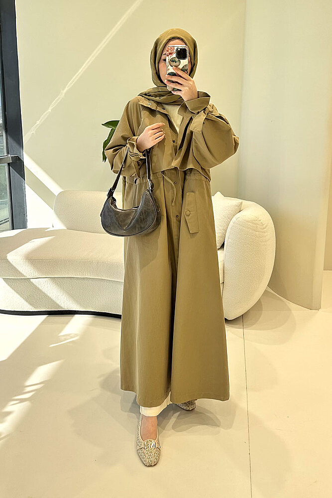 Lyon Beli Büzgülü Trençkot - Haki - 2