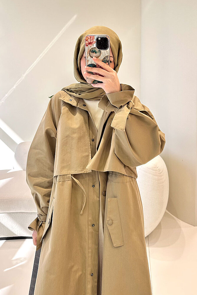 Lyon Beli Büzgülü Trençkot - Haki - 8