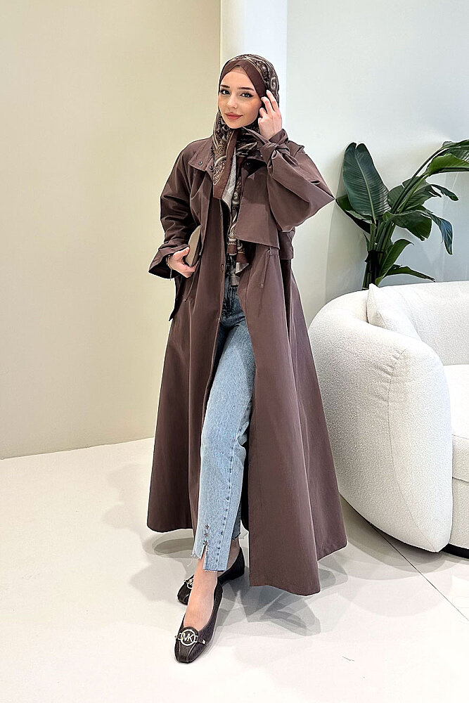 Lyon Beli Büzgülü Trençkot - Kahverengi - ALLMİSS (1)