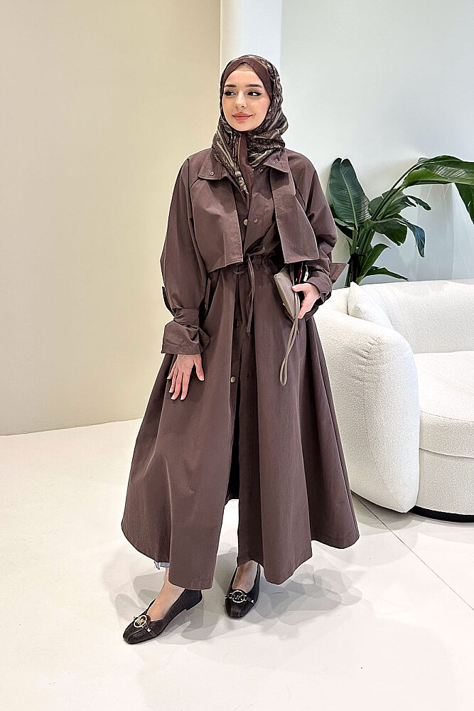 Lyon Beli Büzgülü Trençkot - Kahverengi - ALLMİSS (4)