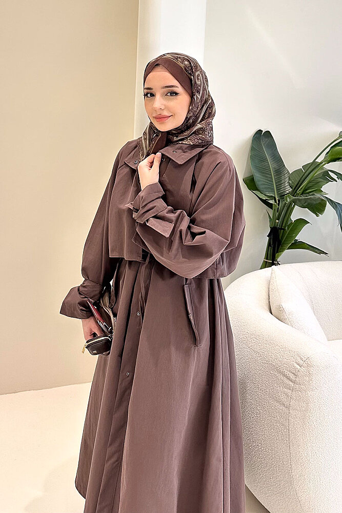 Lyon Beli Büzgülü Trençkot - Kahverengi - 8