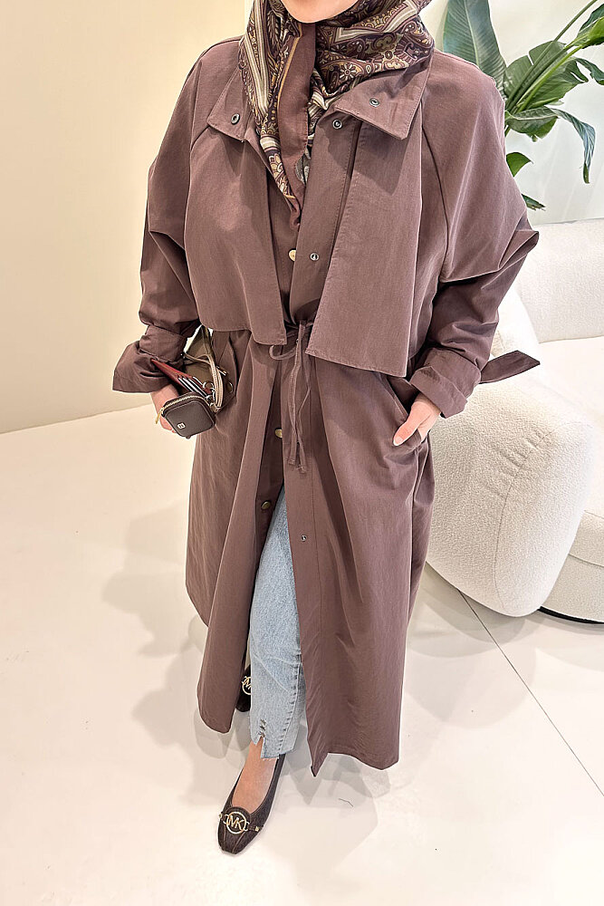 Lyon Beli Büzgülü Trençkot - Kahverengi - 4