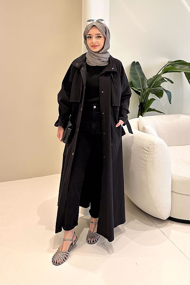 Lyon Beli Büzgülü Trençkot - Siyah - 5