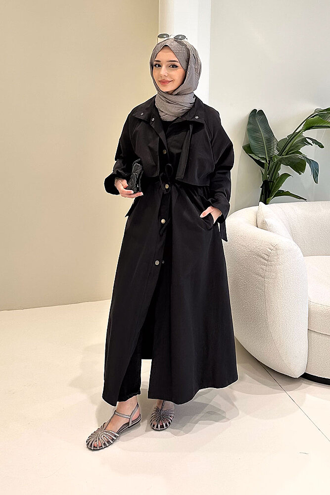 Lyon Beli Büzgülü Trençkot - Siyah - 1