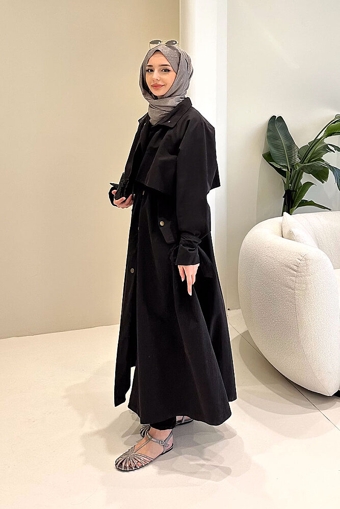 Lyon Beli Büzgülü Trençkot - Siyah - 7