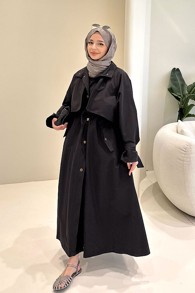 Lyon Beli Büzgülü Trençkot - Siyah - 6