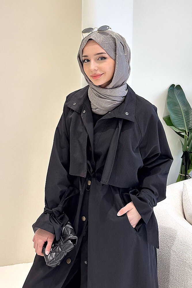 Lyon Beli Büzgülü Trençkot - Siyah - ALLMİSS (3)